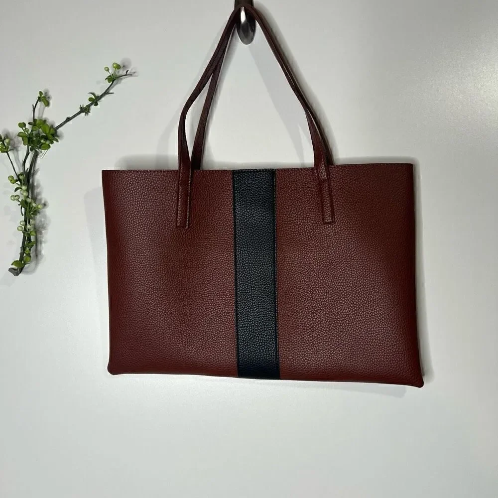 Vince Camuto Brown Black Stripe Vegan Leather Tote Shoulder Bag New! - Picture 4 of 5